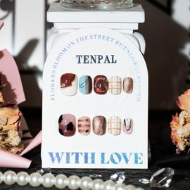 TENPAL Extra Short Press on Nails Caramel Coffee Color Full Cover Short Square Nails Press ons With Hand Painted Check 10pcs/Box Acrylic Cute Fake Nails With Designs For Lovely Women Girls Summer(S)