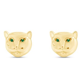 Wishrocks Round Shape Simulated Green Emerald Panther Head Stud Earrings for Womens in 14k Yellow Gold Plated 925 Sterling Silver Womens Christmas Gift