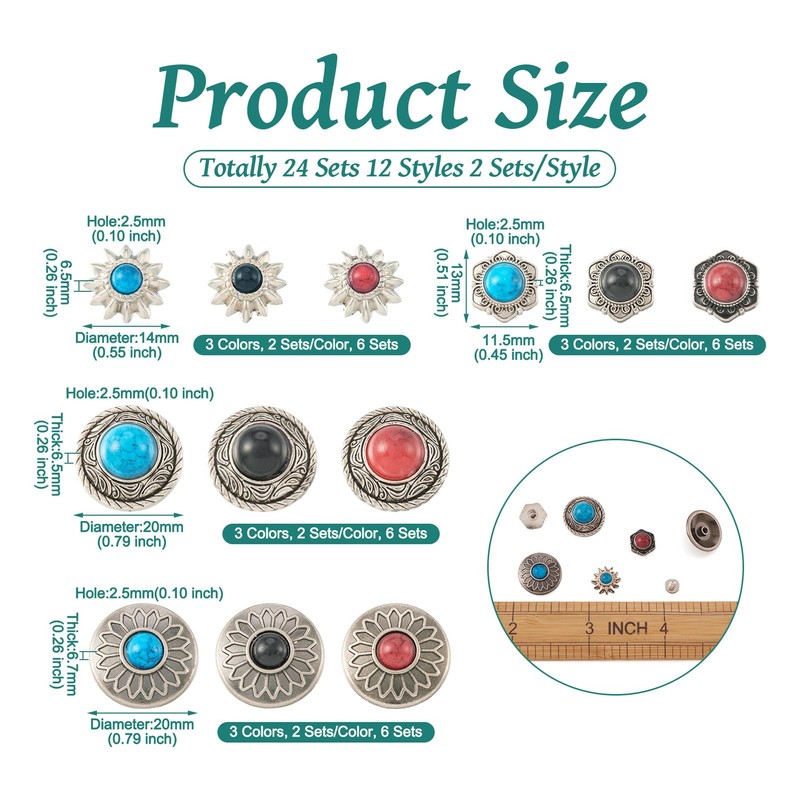 Spritewelry 24 Sets Conchos for Leather Sunflower Decorative Rivets Studs