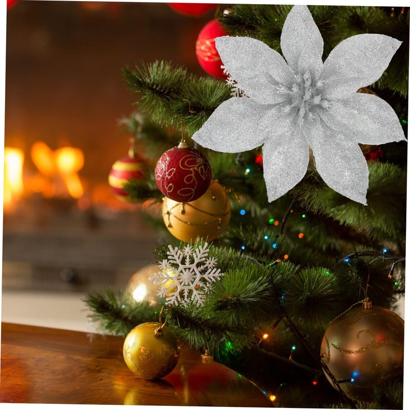iplusmile 10pcs Glitter Artificial Christmas Flowers Red Silver Tree Hanging