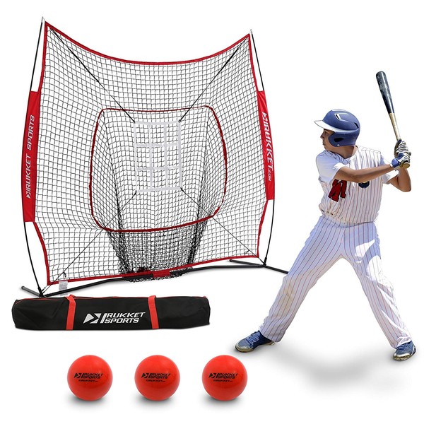 Rukket 6pc Baseball/Softball Bundle | 7x7 Hitting Net | 3 Weighted Training Balls | Strike Zone Target | Carry Bag | Practice Batting, Pitching, Catching | Backstop Screen Equipment Training Aids