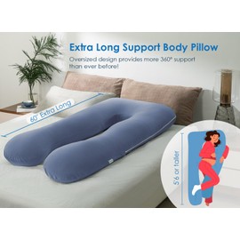 QUEEN ROSE Pregnancy Pillows, 60 Inch Cooling U Shaped Body Pillow for Sleeping, Extra Long Maternity Pillow for Pregnant Women, Body Support for Adults, with Soft Silky Cover, Blue