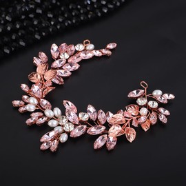 Teyglen Bride Rhinestone Wedding Headband Gold Silver Leaf Hair Piece Headpiece Bridal Crystal Pearl Hair Vine Hair Accessories for Women Girls (Rose gold)