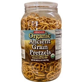 Hanover Organic Ancient Grain Spelt Sea Salt Pretzels Low Fat Cholesterol Trans Fat Free Party Snacks Resealable Container 28 oz Barrel