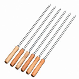 IMEEA 19.7 Inch Stainless Steel BBQ Skewers with Wooden Handle, Flat Metal Kabob Sticks with V-Shaped Anti-Slip Design, Reusable Barbecue Grill for Meat, Vegetables, Camping, Set of 6