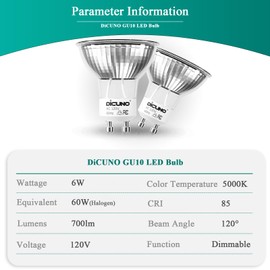 DiCUNO GU10 LED Bulb Dimmable, Daylight White 5000K, 60W Equivalent, High Brightness 700LM, MR16 GU10 LED Bulb for Track Lighting, 120V 6W Light with 120° Beam for Kitchen, Range Hood, Pack of 6