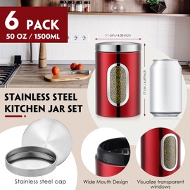 Zopeal 6 Pack Red Canisters Sets For The Kitchen 50oz Stainless Steel Red Kitchen Canisters with Transparent Windows Flour Sugar Container Metal Jar Countertop Set for Coffee Tea Kitchen Decorative