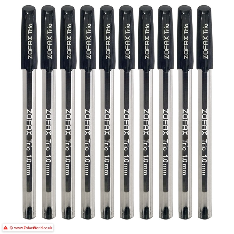 ZOFAX Trio Ballpoint Pens, BLACK, 1.0mm Medium Point, Pack of