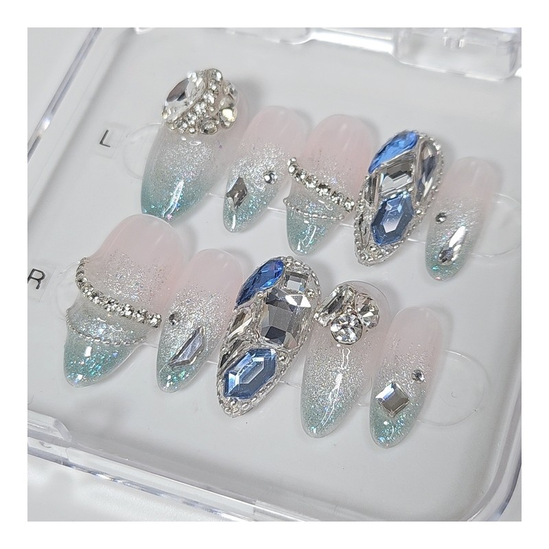Aqua Bling Handmade Nail Tips - Short Coffin / 아쿠아