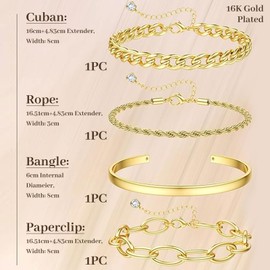 BelleVive 4 Piece 16K Chunky Gold Bracelets for Women, Waterproof, Stack of Ladies Gold Bracelets, Tarnish Resistant, Chunky Link Bracelets, Pack of Thick Snake Bracelet