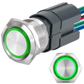 22mm Push Button Switch 15A Large Current Momentary 2NO 24V Angel Eye LED Stainless Steel Round Self-Reset 7/8'' DPST with Wire Socket (Green, Momentary 24V)