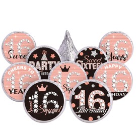 Zonon 504 Pieces Sweet 16 Birthday Party Favors Stickers Mini Kisses Candy Stickers Sweet Sixteen Round Chocolate Candy Wrappers for 16th Birthday Party Guest Favors Decorations(Pink, Black)