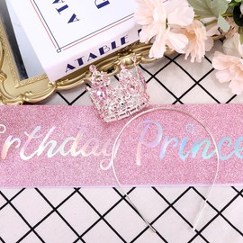 Birthday Princess Sash for Women Tiara & Crowns Headbands for Girls Happy Birthday Party Accessories Favor Supllies Leona Pink Silver, 2 Pack