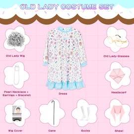 OAHIWLH Old Lady Costume for Kids, 100 Days of School Costume Old Lady Wig for Girls 100th Days of School Grandma Granny Dress up for Girls