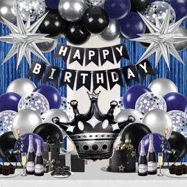 Birthday Decorations for Men with Black Metallic Silver Navy Blue Balloons Happy Birthday Banner Blue Fringe Curtains for 21st 25th 27th 30th 35th 40th 50th 60th Men Birthday Decorations
