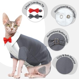 QBLEEV Cat Tuxedo Suit, Sphynx Cat Suit for Cat with Two Bow Tie, Cat Tuxedo Outfit for Birthday Photo Shoot, Formal Onesie Attire Wedding Costumes for Kitten, Male Cat Clothes for Hairless Cats Only