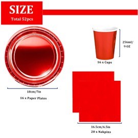 52P Metallic Red Tableware Set for Her,Girl,Women,Red Foil Paper Plates Solid Color RedPaper Cups and Napkin,Sparkling Foils Christmas Dinnerware Sets Cutlery for Xmas,Birthday,Wedding Party Tableware