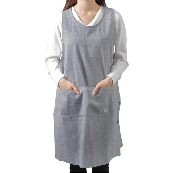Anes p804 Women's Large Size 3L Simple Apron, Chambray Fabric, Plain, Store, Nursery, Cooking, Nursing Apron, Loose Fit, Long Length, Side Buttons: Navy
