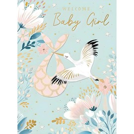 New Baby Girl Congratulations Card - Welcome Baby Girl - Floral Stork Design - Special Finishes - Eco-Friendly - Recyclable