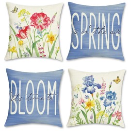 Bonhause Set of 4 Cushion Covers Spring Flowers 45 x 45 cm Flower Purple Polyester Linen Decorative Cushion Covers for Sofa Bedroom Home Garden Decoration