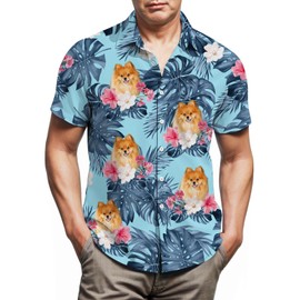 Lussues Nee Pomeranian Hawaiian Shirts for Men,Button Down Beach Casual Shirtss Blue