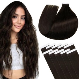 LaaVoo 60 cm tape-in real hair extensions, brown long extensions, real hair tape in brown, invisible tape extensions, real hair, dark brown, 25 g, 10 pieces, #2