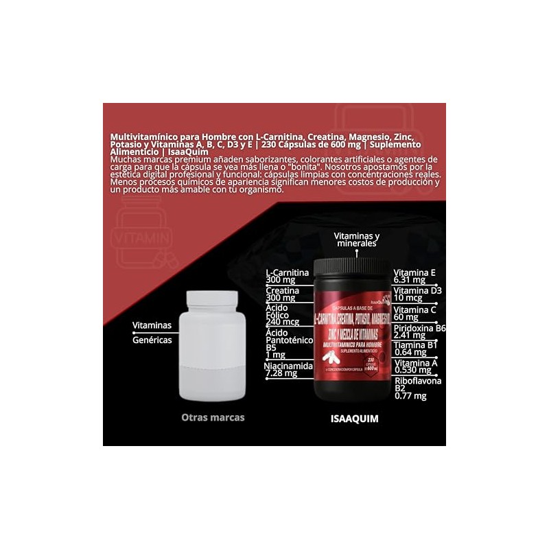 Multivitamínico para Hombre con L-Carnitina, Creatina, Magnesio, Zinc, Potasio y