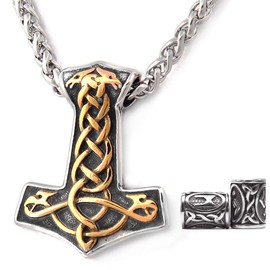 Gungneer Mjolnir Thor Hammer Necklace Mixed Gold Color Pendant Stainless Steel Viking Accessories Norse Pagan Viking Jewelry for Men Women