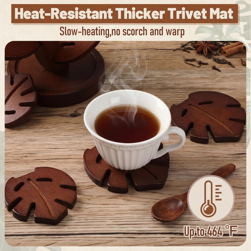 Zhehao 7 Pcs Bamboo Wooden Tree Trivets with Storage Stand,