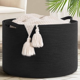 Goodpick Blanket Basket 19.7'' x 12.6'', Woven Storage Baskets, Cotton Rope Toy Storage for Kids, Home Decor for Living Room, 65L Black