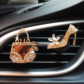 2 Pieces Crystal High Heel Shoe and Magic Bag Air Vent Clips Rhinestone Car Air Freshener Clip Bling Car Clip Gift Decorations Charm Car Inter Air Vent Decor Accessories for Girls Women