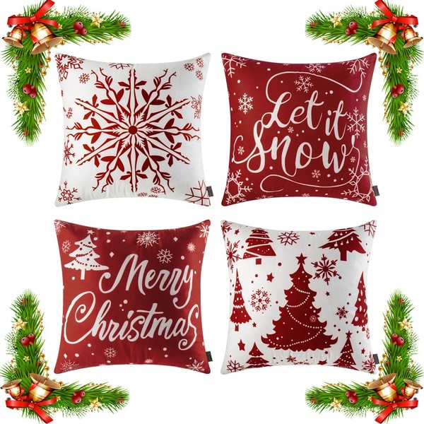 ORANIFUL Christmas Cushion Covers 50cm x 50cm Set of 4 Red Velvet Holiday Pillow Case for Sofa Couch Bedroom Xmas Decorations Throw Pillowcase 20x20 Inches (4pack-02)