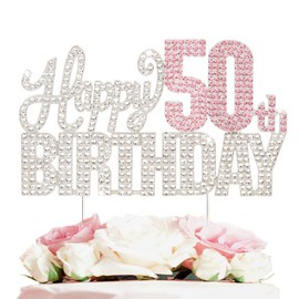 Nelbiirth Decoración para tartas con diamantes de imitación plateados y rosados de 50 años, diseño de «Cheers to 50 Years» y «Cheers to 50 Years Fifty Bday»