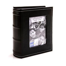 Kenro Black Leather Look Small Photo Album for 80 Photos 6x4 inch/10x15cm with Photo Window to Front and White Stitching, Slip-In Pages - PKB108