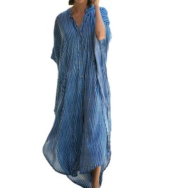 FSMO Women's Maxi Kaftan Tunic Kimono Oversized Long Shirt Dress with Pocket Summer Pareo Cover Up Beach Dress - Blue - One size