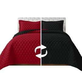 Elegant Comfort 3-Piece Quilted Reversible Bedspread Coverlet Set with Pillow Shams, Exquisite Diamond Stitching All Season Heavy Weight - Ultra Soft Premium Quilt- Twin, Black/Burgundy