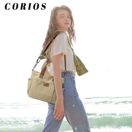 CORIOS Canvas Shoulder Bag, Women's Handbag, Large Capacity Shoulder Bag, Casual Handbag, Multifunctional Tote Bag, Carry Bag for Shopper, Work, Travel, khaki, messenger