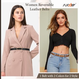 SUOSDEY Fashion Reversible Leather Belt for Women, Skinny Belt for Jeans Pants Dress Waist Belt with Gold Buckle black/brown
