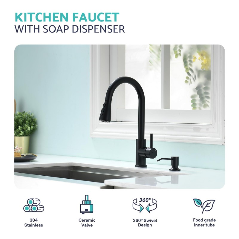 Kicimpro Black Kitchen Sink Faucet with Soap Dispenser, 3 Modes