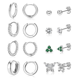 PATISORNA 14k Gold Plated Huggie Hoop Earrings for Women Hoop and Studs Earrings Set Hypoallergenic Tiny CZ Ball Butterfly Earrings Cartilage Earring for Multiple Piercing