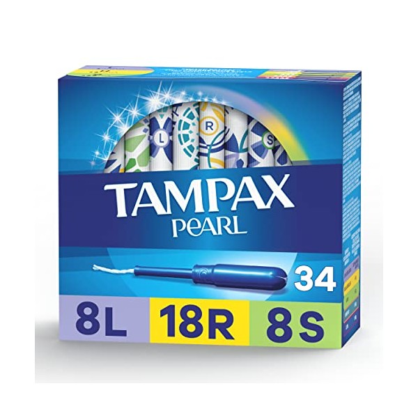 Tampax Pearl Tampons Multipack, Light/Regular/Super Absorbency, With Leakguard Braid, Triple Pack, Unscented, 34 Count