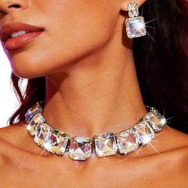 Zoestar Sparkly Crystal Jewelry Set Silver Rhinestone Necklace Earrings Set for Women