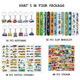 94 Pieces Transportation Party Favors Includes Slap Bracelets, Keychains, Tattoos Stickers and Stickers, Transportation Theme Party Supplies for Kids Birthday Party Decorations
