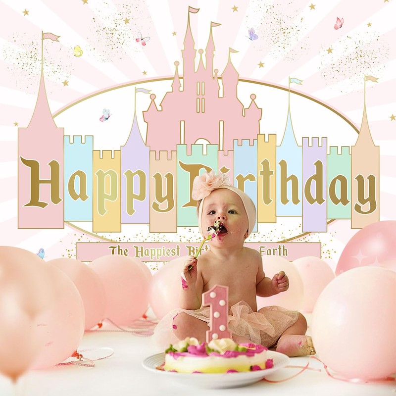 InMemory Princess Castle Birthday Backdrop Girls Pink Pastel Banner