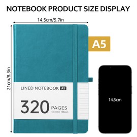 DUNSOO Notebook A5 Lined, Hardback Journal Notebooks, Notepad 320 Pages, Made 100g/m² Thick Paper, Note Book for Students, Teachers, Office, Stationery Supplies (Peacock Blue)