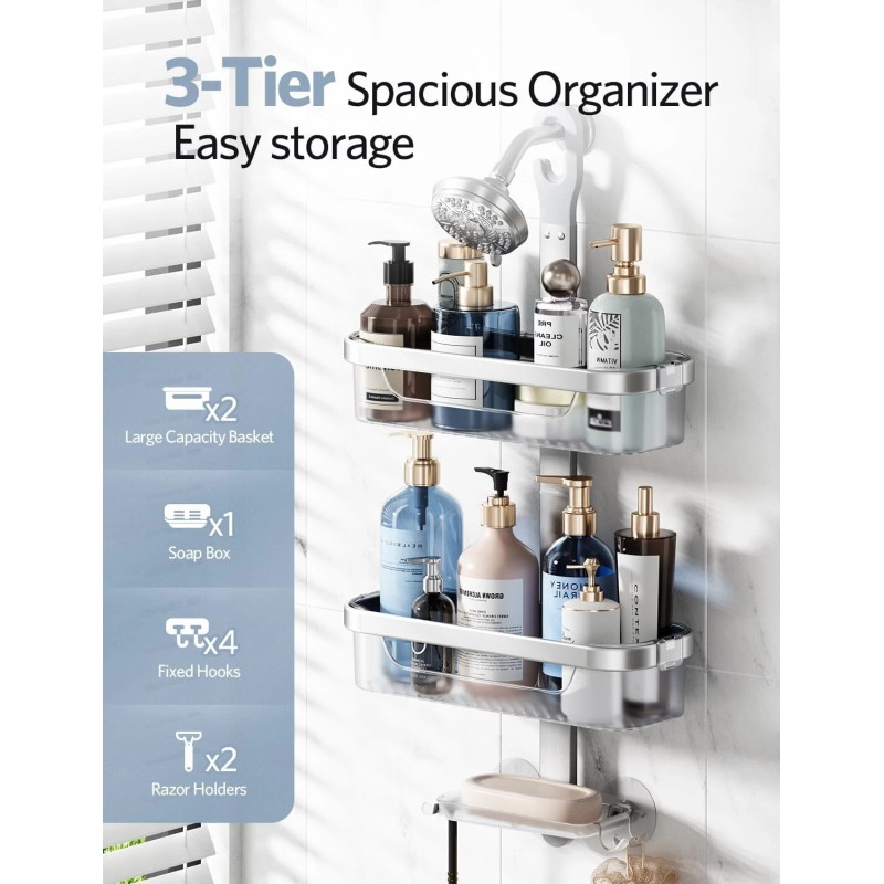 LAMU 3-Tier Hanging Shower Caddy Rustproof Organizer Over Showerhead Hooks