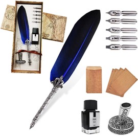 AOMAYLL Feather Pen, Antique Dip Quill Pen,Feather Pen Ink Set,With 5 Replacement Nibs, Ink, Pen Holder, 4Writing Papers and 2Envelopes