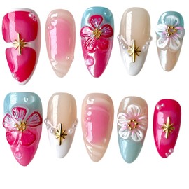 Handmade Press On Nails, Medium Almond Shape, Cherry Blossom Design with Gold Stars, Pearl Accents, Pink Blue Nude Colors, 3D Floral Reusable Acrylic False Nails (Bouquet lace, S)