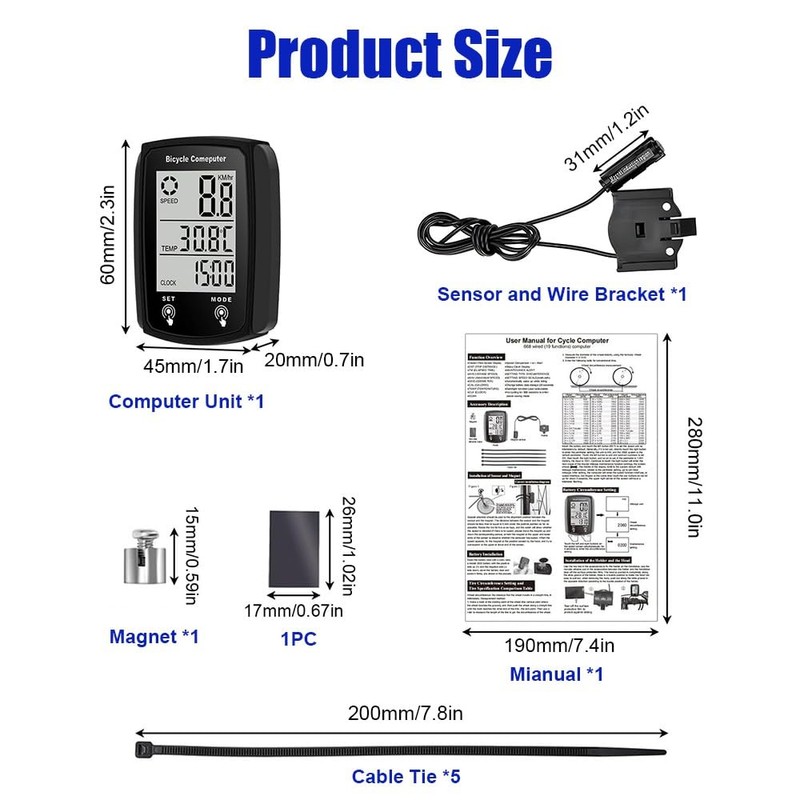 Hojalis Bike Computer, 19 Functions IP54 Waterproof Bicycle Speedometer Odometer,