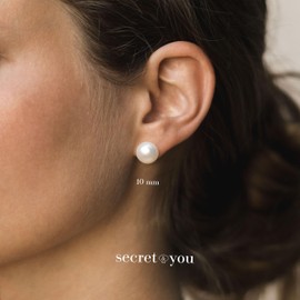 Women Pearl Stud Earrings. Fresh Water Cultured Pearls Button Shape Secret & You | 925 Sterling Silver Mounts | Available in 10 sizes from 4 mm to 13 mm